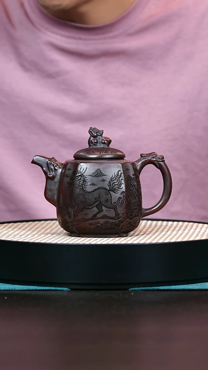 茶壶紫砂黑吉星六方瑞兽300cc