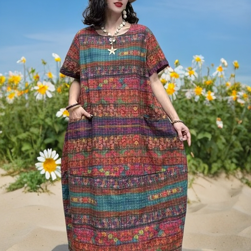 夏季新款民族风宽松显瘦小个子减龄气质碎花连衣裙棉麻连衣裙