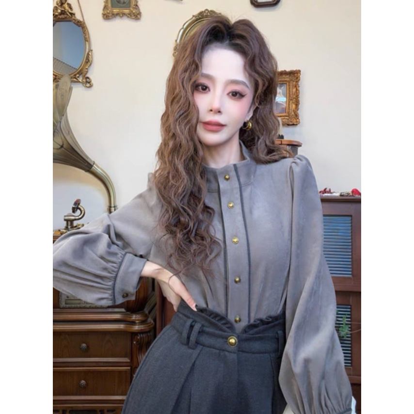 撞色衬衫女秋冬加厚法式复古气质设计感内搭长袖衬衣通勤宽松上衣