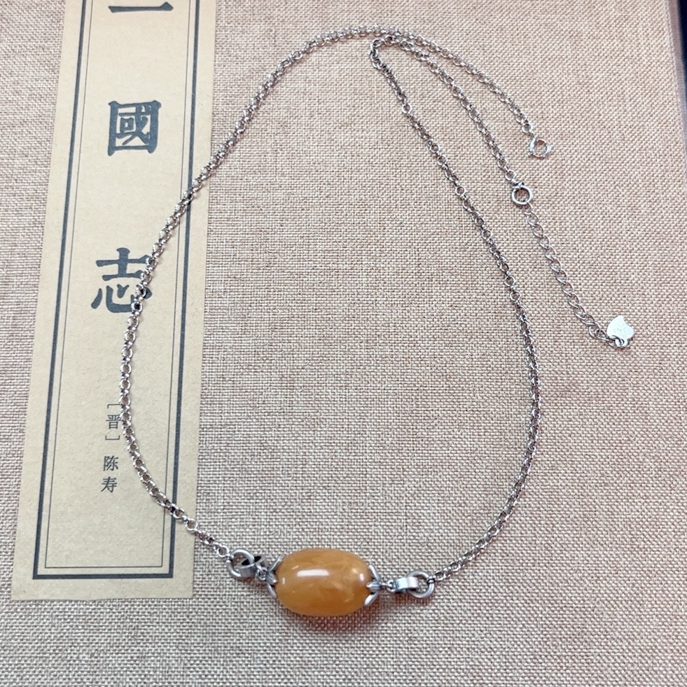 S925银手工银国风民族风天然鸡油黄枣珠蜜蜡项链锁骨链女款正品