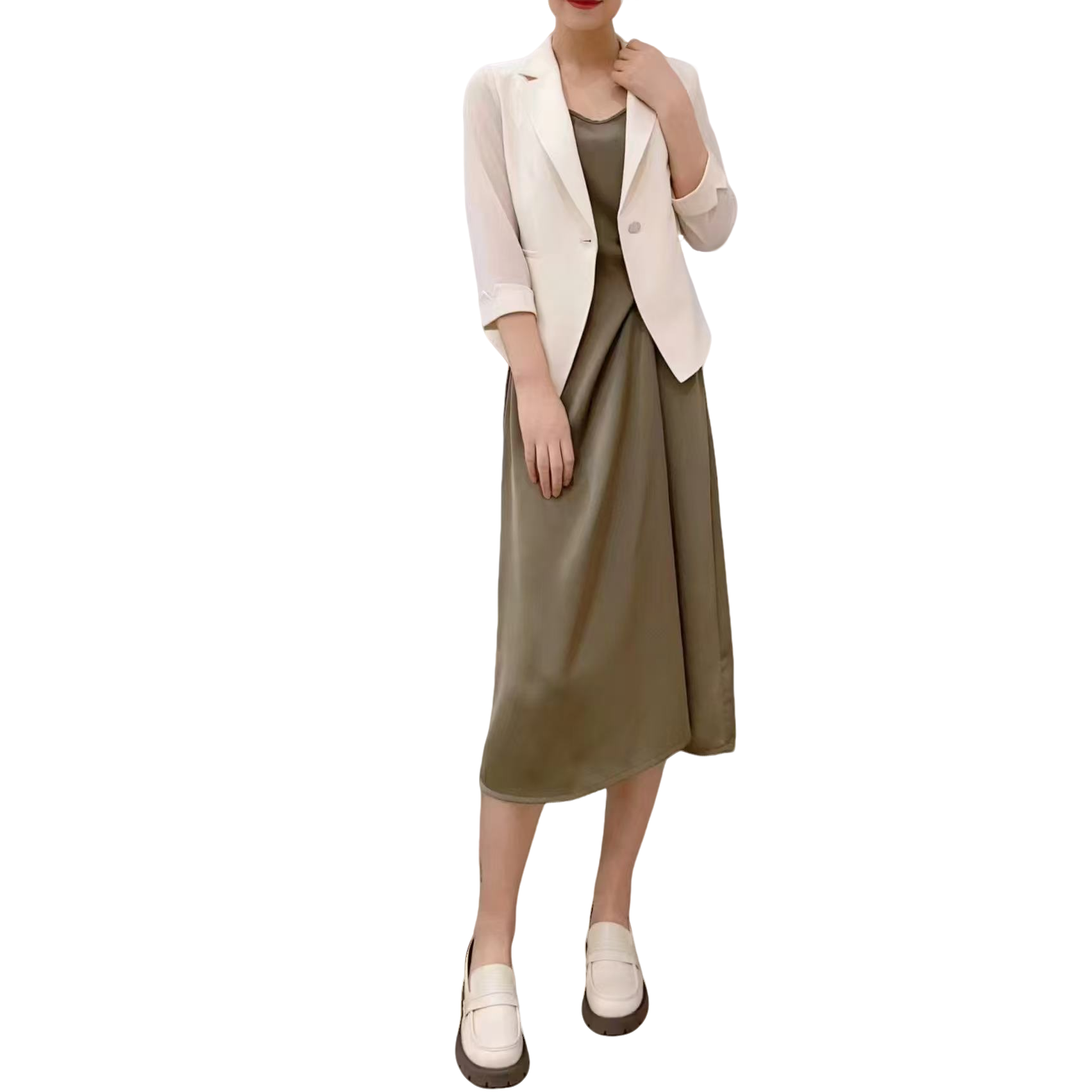 【YY604微瑕】2025年新款时尚气质修身吊带连衣裙+一粒扣西服两件套