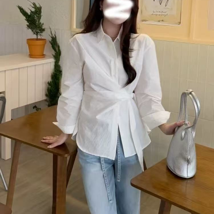 上衣显瘦气质长袖白色时尚百搭小众设计感