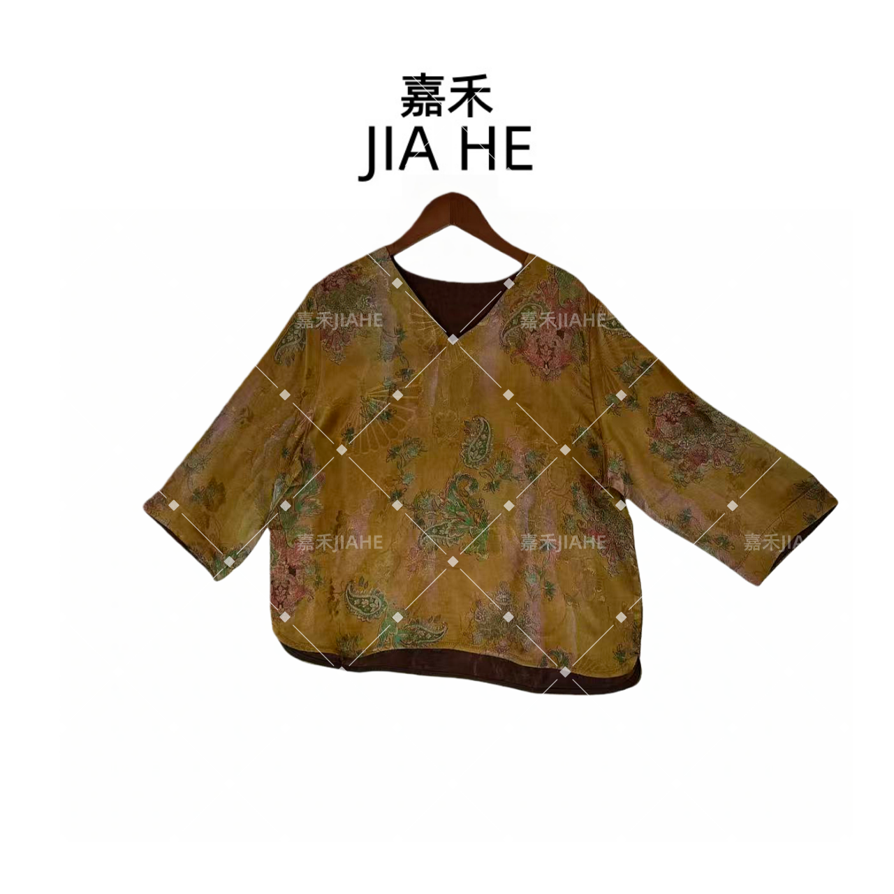 【逢月缕金】新中式国风宽松长袖V领提花女士衬衫时尚复古民族风