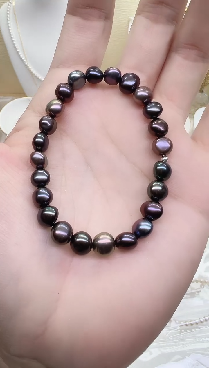 银S925镶嵌手链淡水珍珠黑灰色巴洛克7-8mm