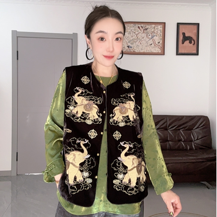吉祥百搭刺绣厚款薄款圆领女秋季马夹圆领马甲复古秋冬