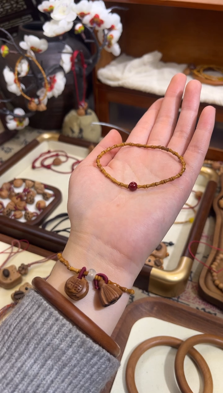 手串桃核【桃缘行】竹节「红色莎莎」桃木桃核辟、挡、驱、护 备注手围