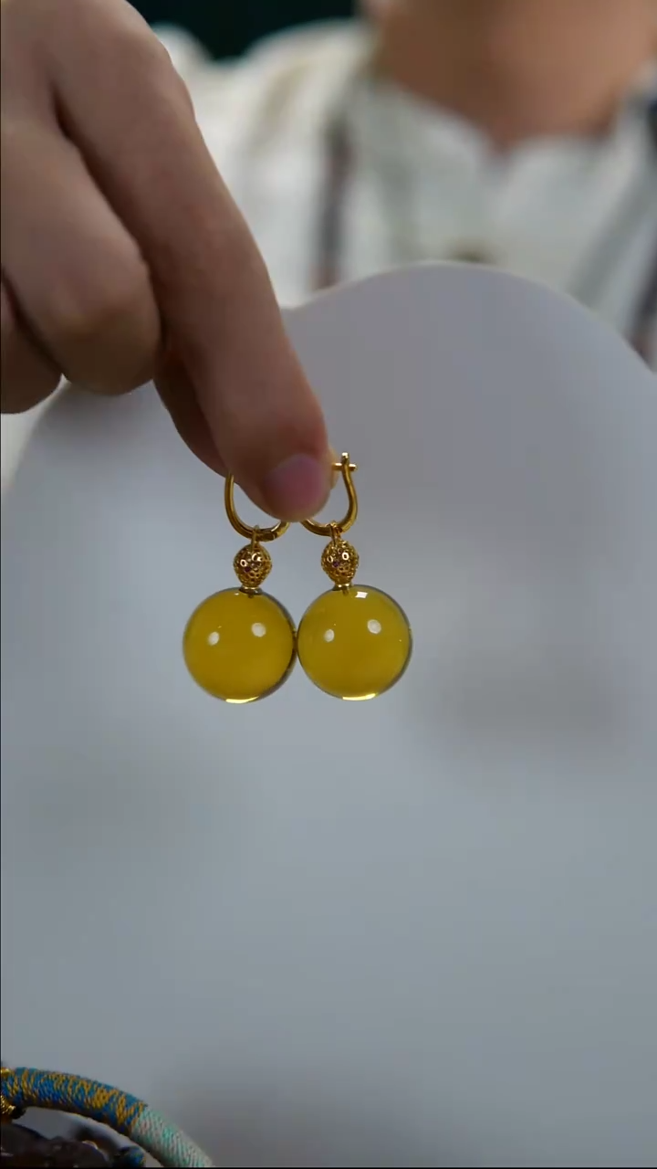 琥珀银S925镶嵌耳饰20mm天然墨西哥蓝珀耳环