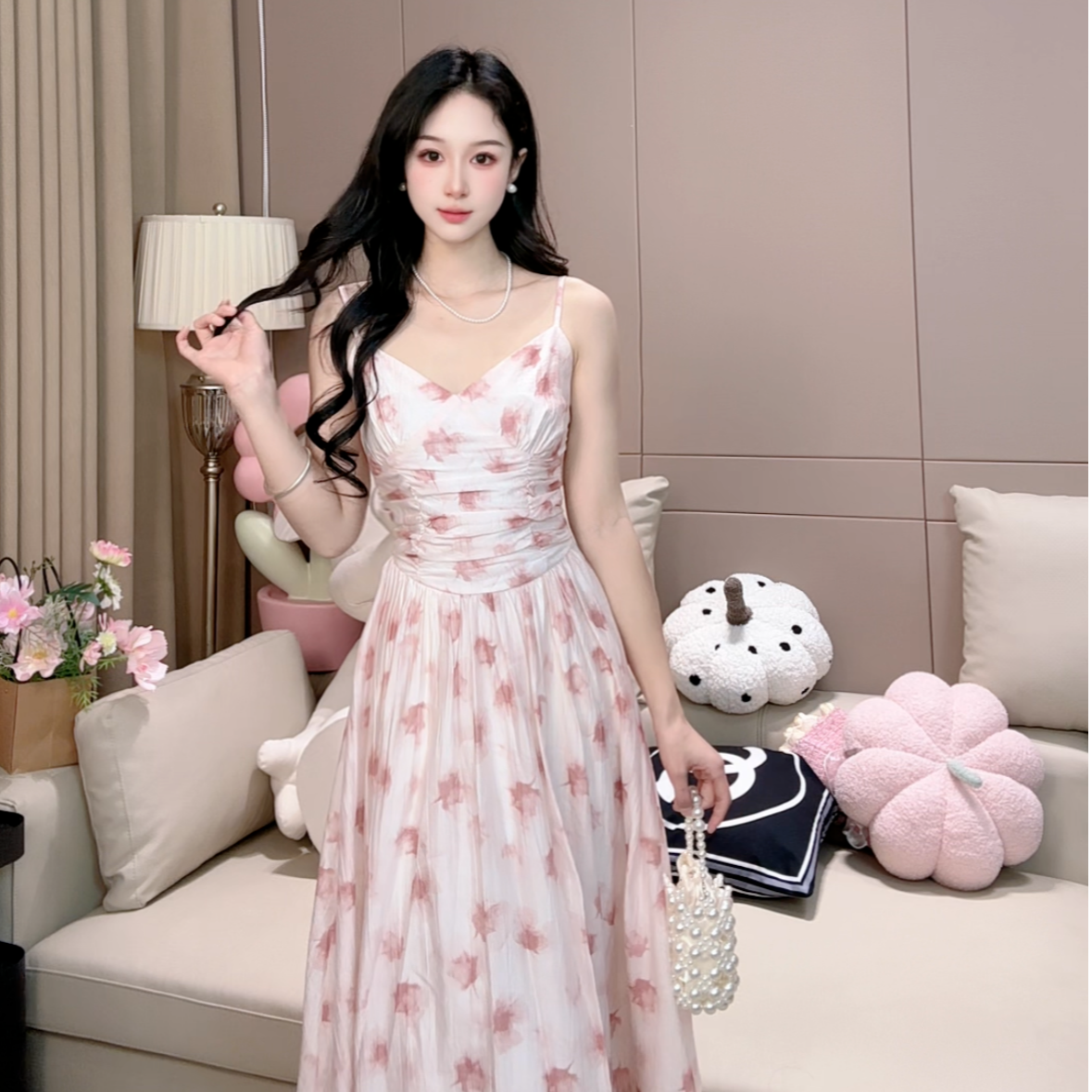 【粉色碎花】女装收腰碎花连衣裙春夏气质显瘦气质甜美长裙