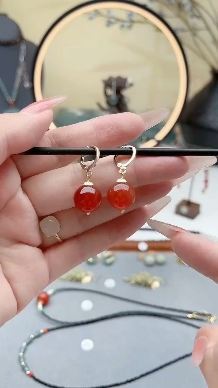 玛瑙/玉髓耳饰未镶嵌00耳扣红色小