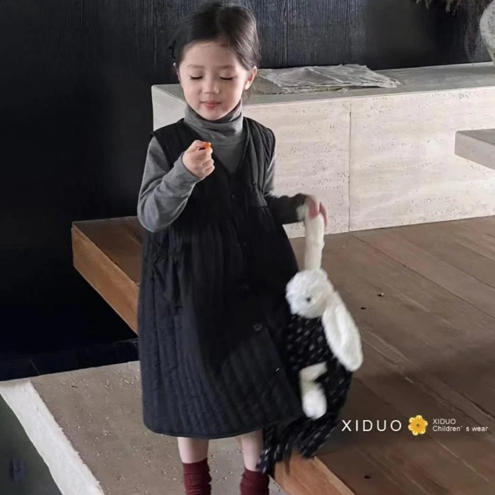 【现货】女童秋冬新款套装德绒打底衫休闲夹棉背心裙时尚两件套