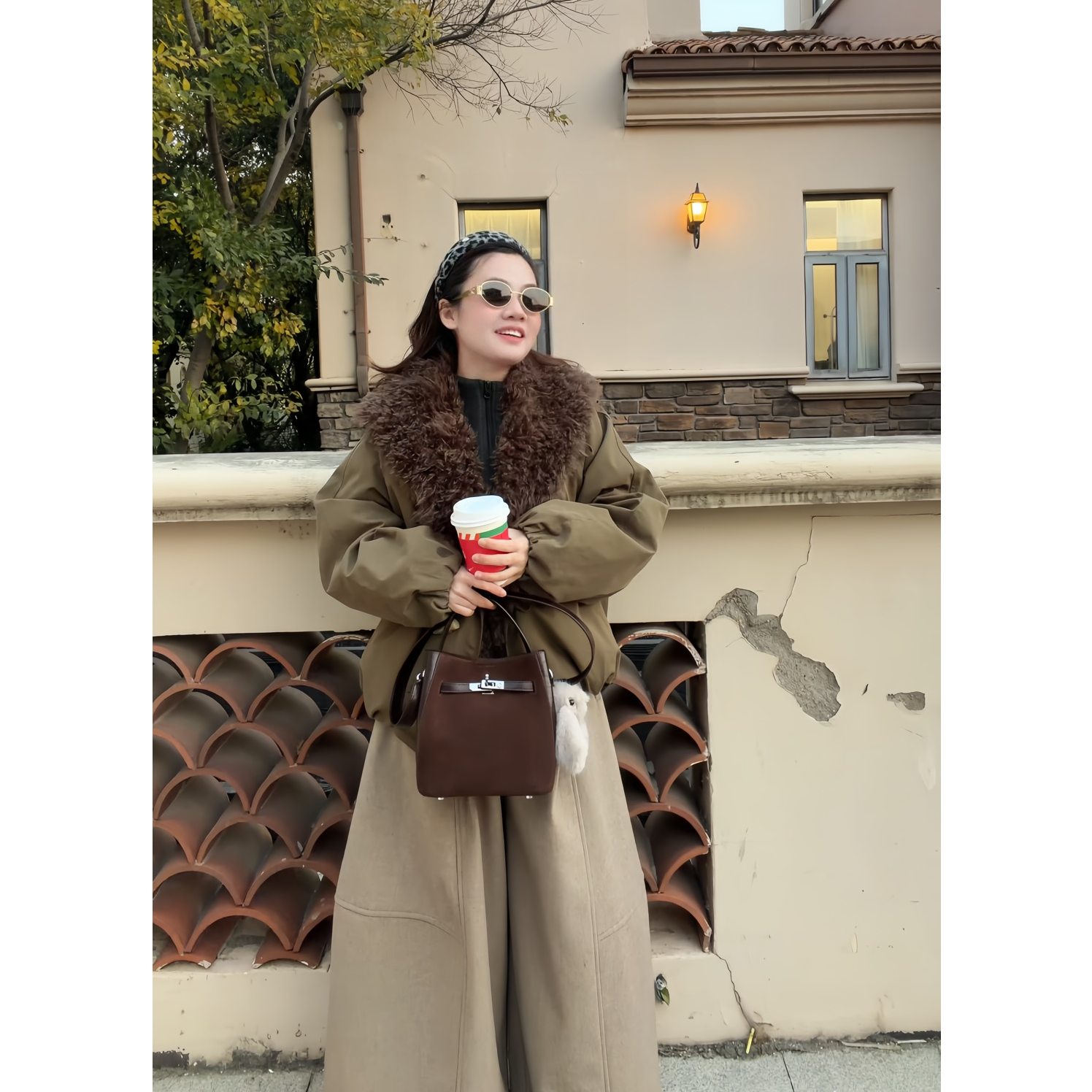 【牛角扣毛领羽绒外套】25292