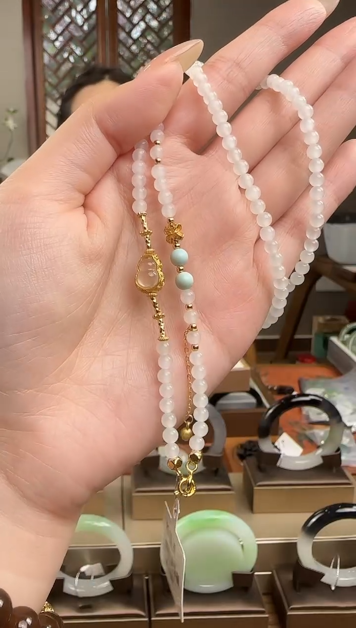 和田玉银S925镶嵌项链白玉珠链