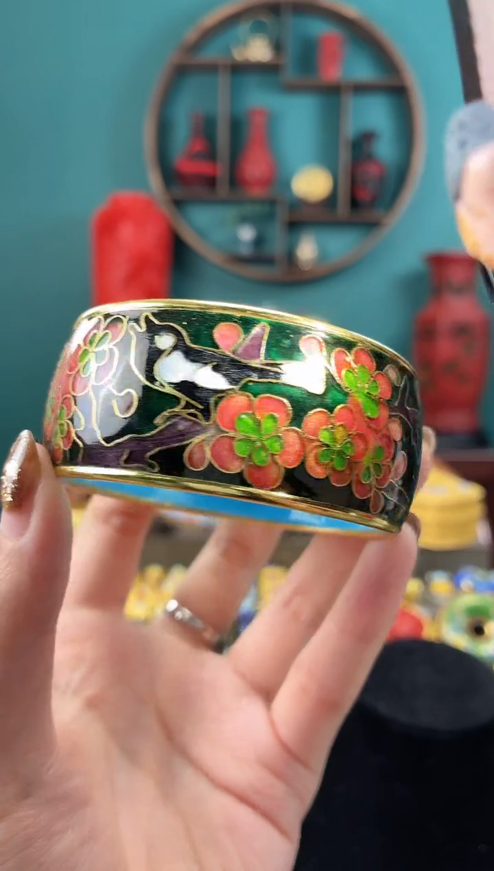 非遗手工景泰蓝轮胎手镯墨绿鸟