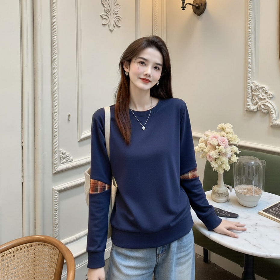 【格子拼接】袖子拼接设计感正肩卫衣打底单穿卫衣宽松长袖