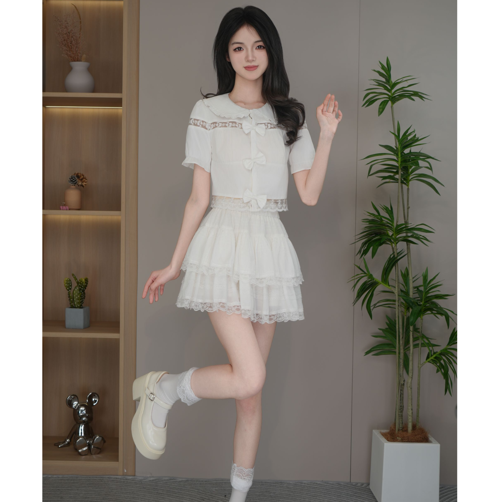 2025甜美少女白色蕾丝蝴蝶结上衣短款显瘦设计感收腰