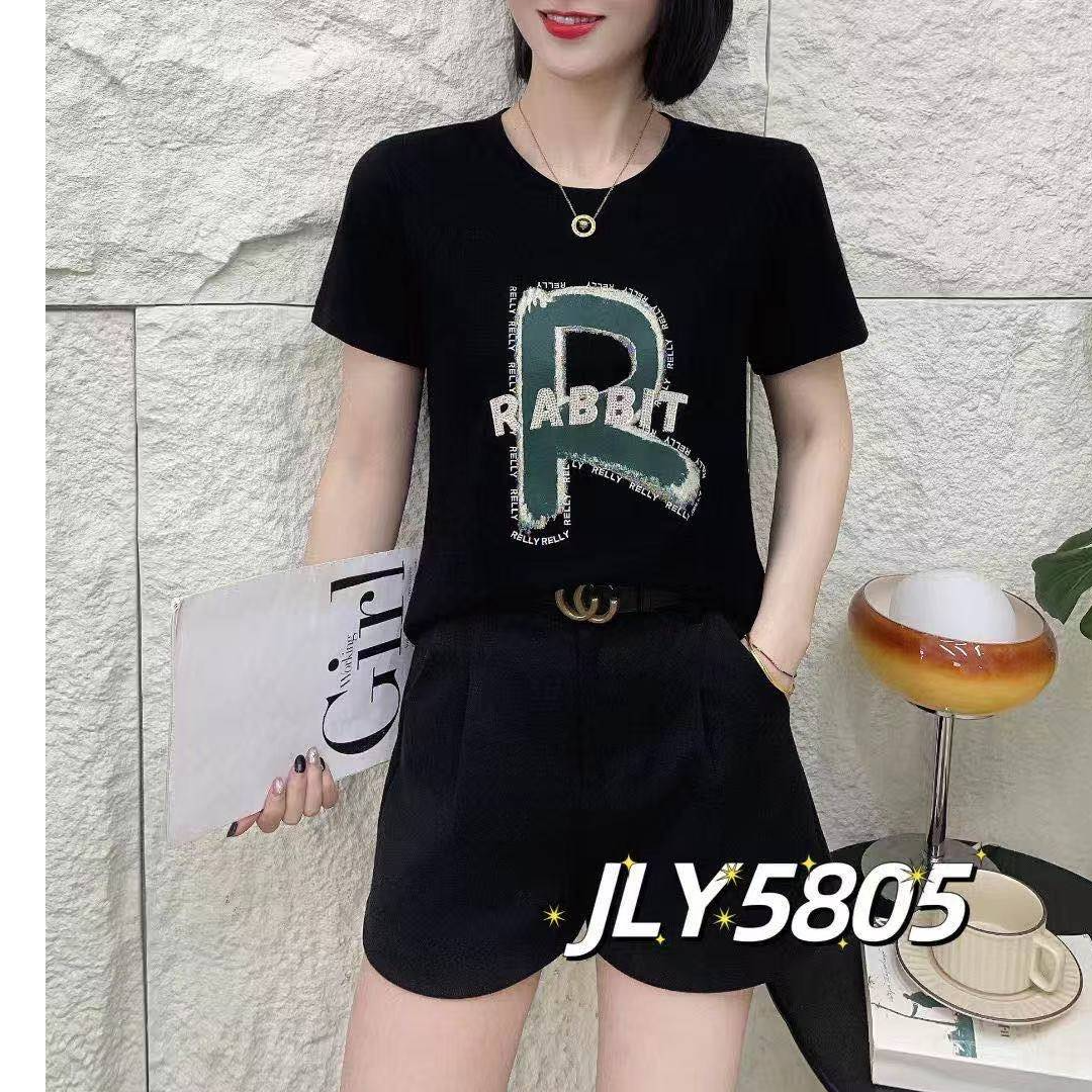 玲子家 5805 烫钻春短袖圆领气质上衣独特显瘦上衣女
