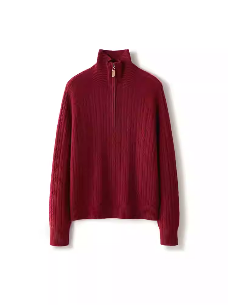 萌萌家/LP同款100%山羊绒衫半拉链绞花毛衣宽松麻花套头衫圣诞