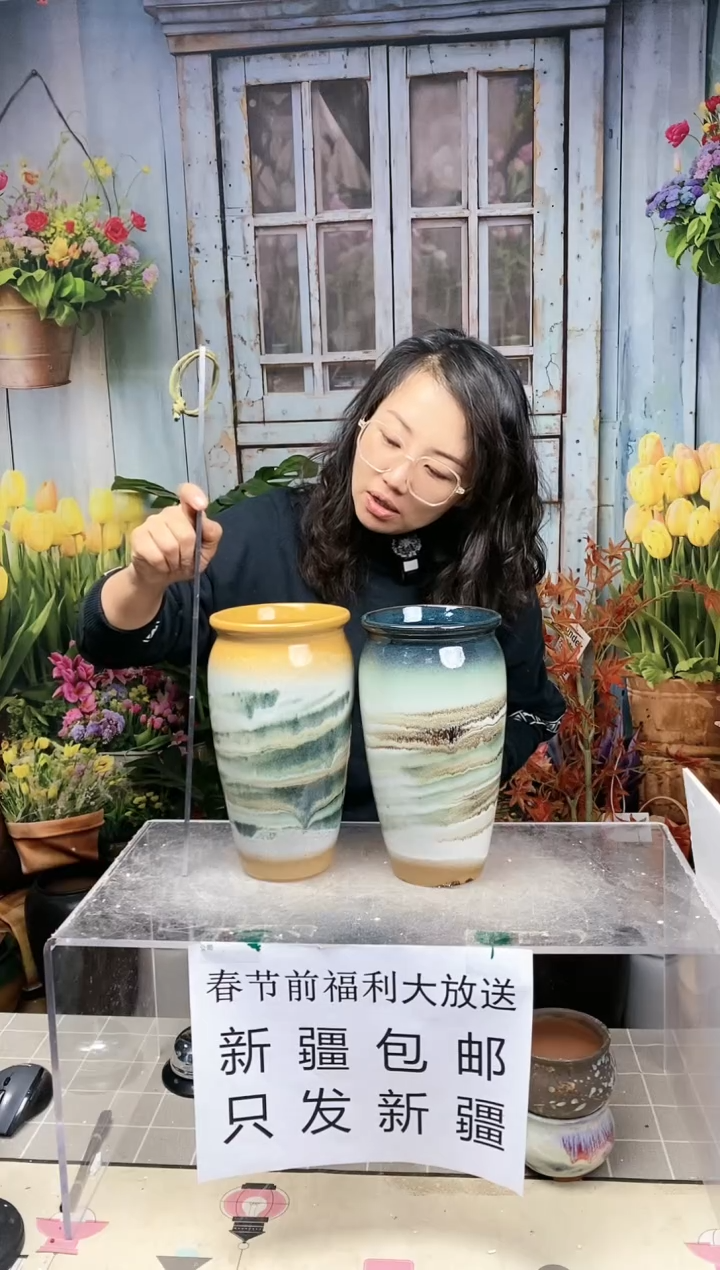 【闪购商品】红陶瘦高山水画陶盆两个装