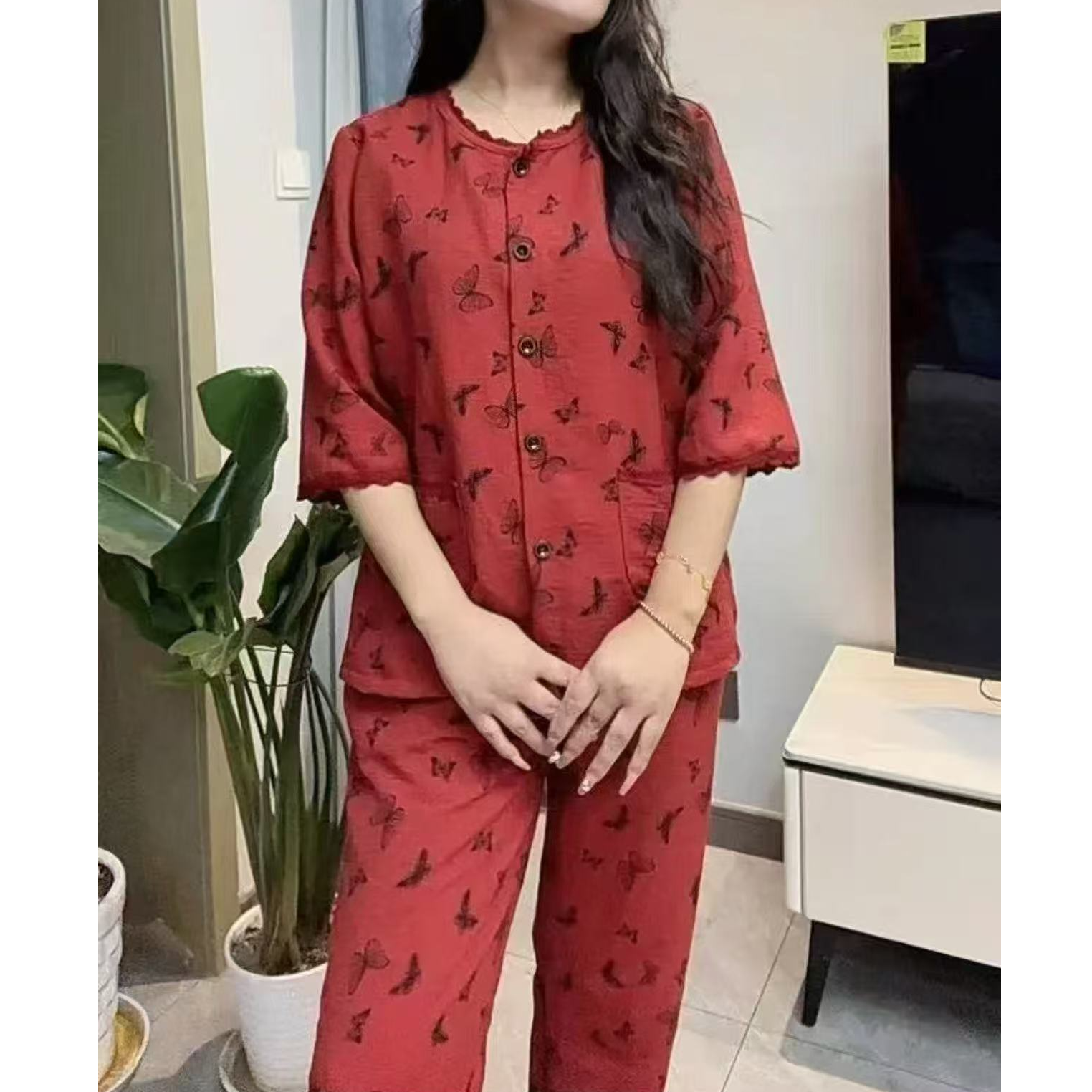 夏季新款五分袖宽松居家休闲睡衣套装女8301# 衣长61 裤长94