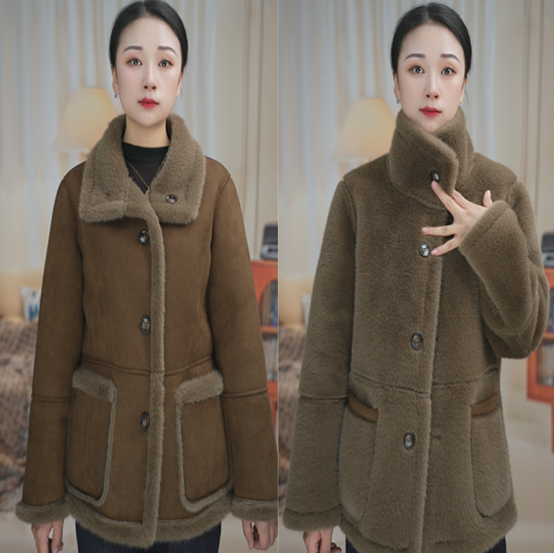 2025加厚保暖绒毛一体短外套秋冬女士加绒加厚外套冬款