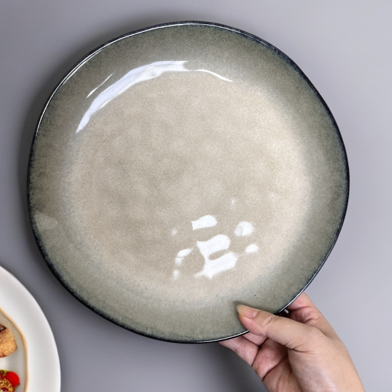 新款大盘复古陶瓷渐变手捏锤纹加深盘子菜盘意面盘3741微瑕