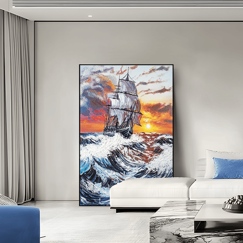 S3834-砂岩手工油画入户玄关卧室客厅背景墙挂画船