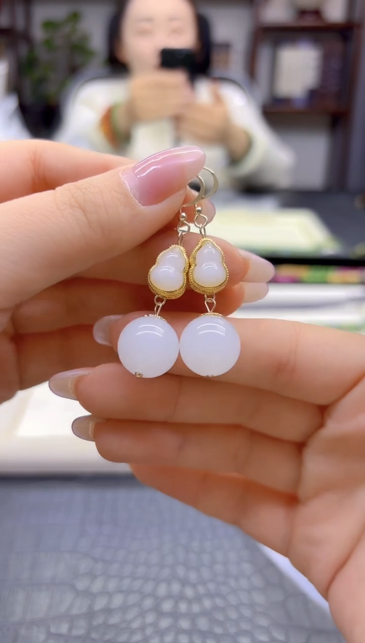 14K金镶嵌和田玉耳饰DIY款E851