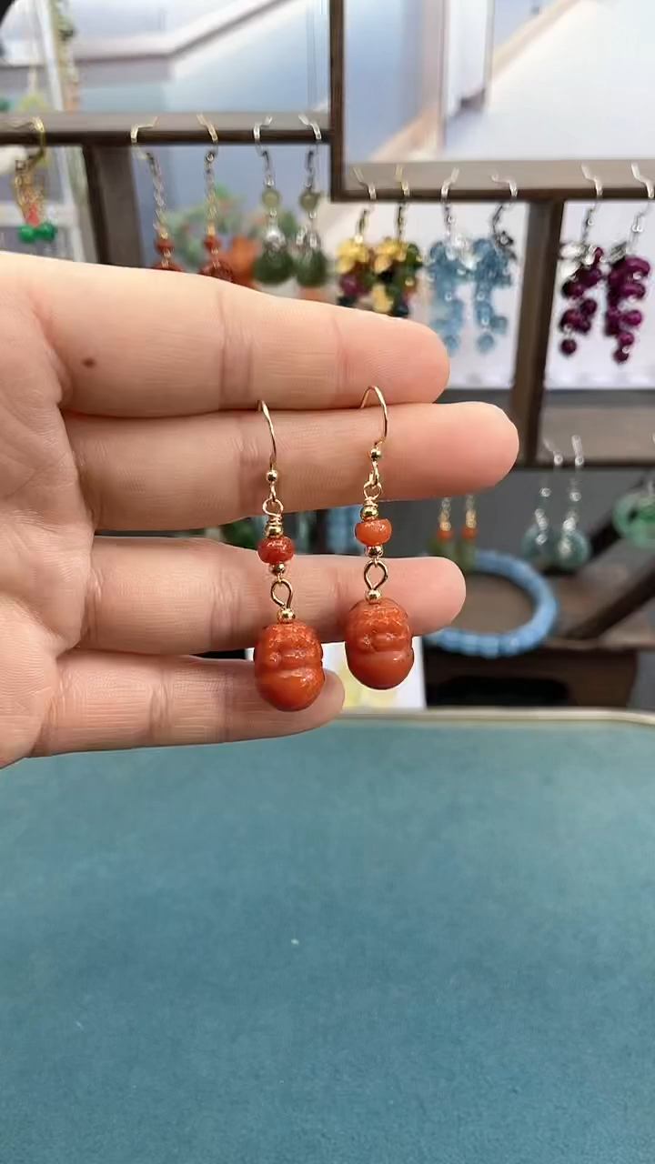 14K金镶嵌南红玛瑙耳饰红貔貅耳钩