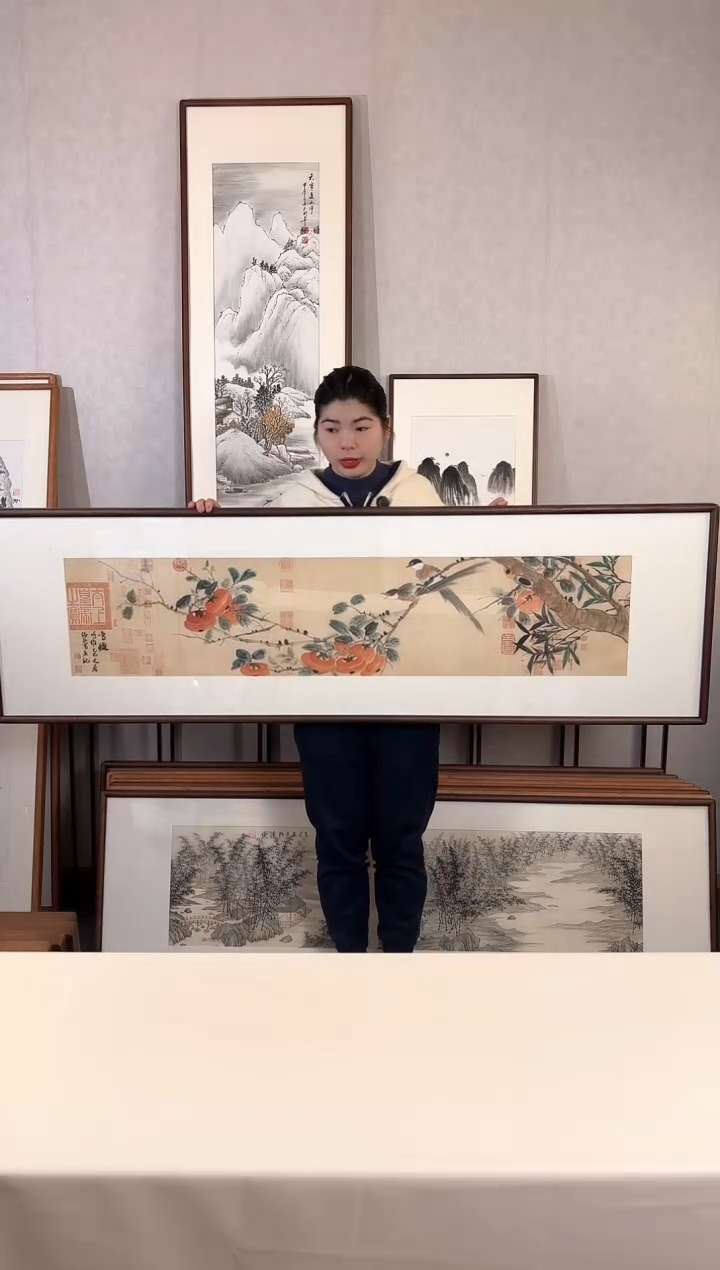 【闪购商品】国画手绘*鸣秋柿子*52*172cm实木框