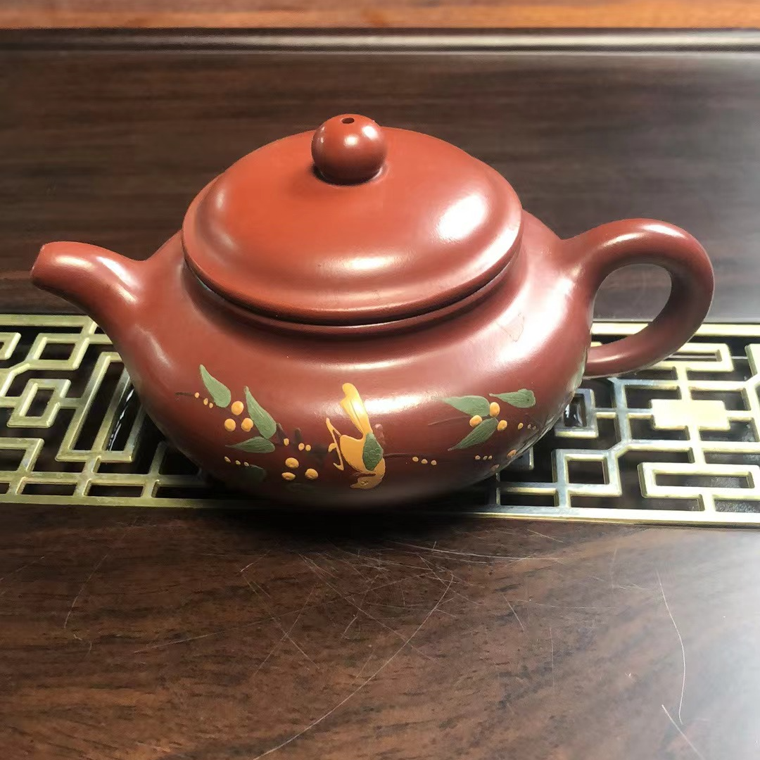 宜兴手工紫砂壶大红袍泥绘古仿古