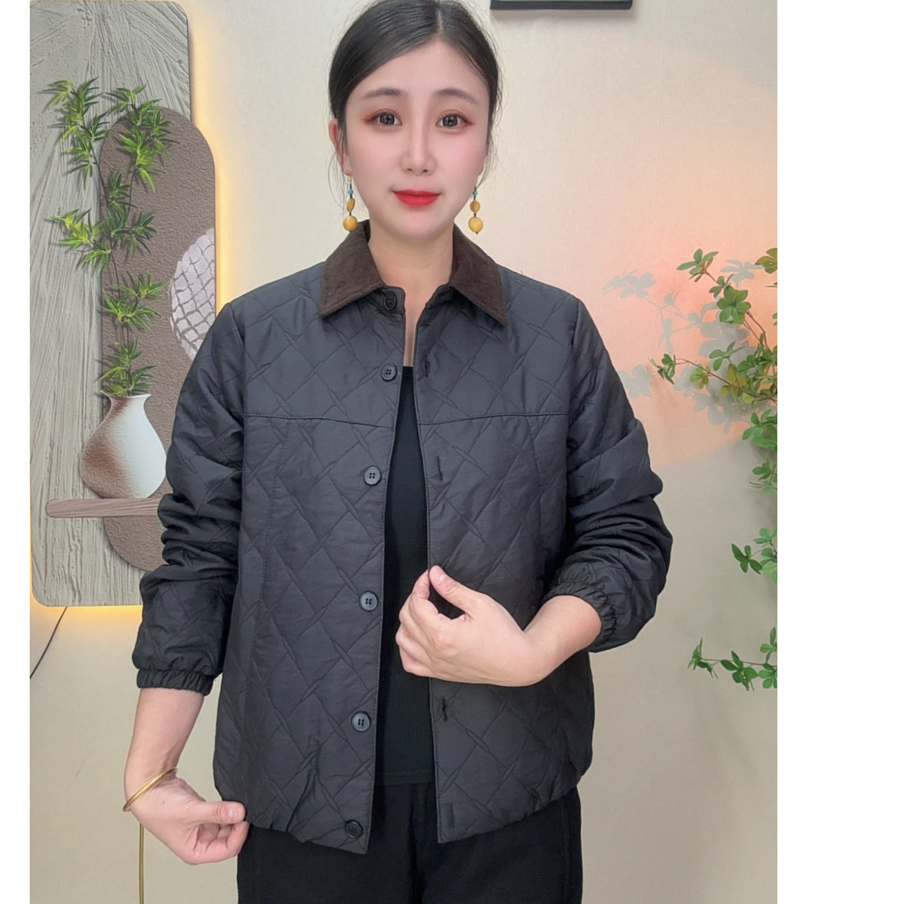 春秋新款时尚洋气宽松显瘦减龄休闲百搭妈妈装夹棉菱格长袖外套