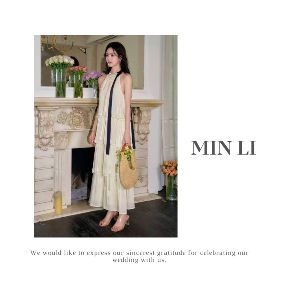 小米自留【 MIN LI 】S/S法式流光纱撞色蝴蝶结连衣长裙