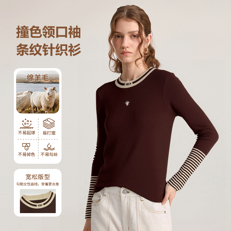 MaxMLmL【蜂条小衫】小蜜蜂元素撞色领条纹袖针织毛衣M2507015