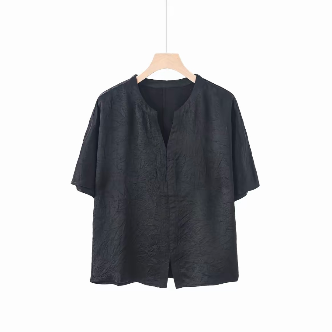 100%醋酸气质百搭剪刀领短袖女式小衫25DAK0824