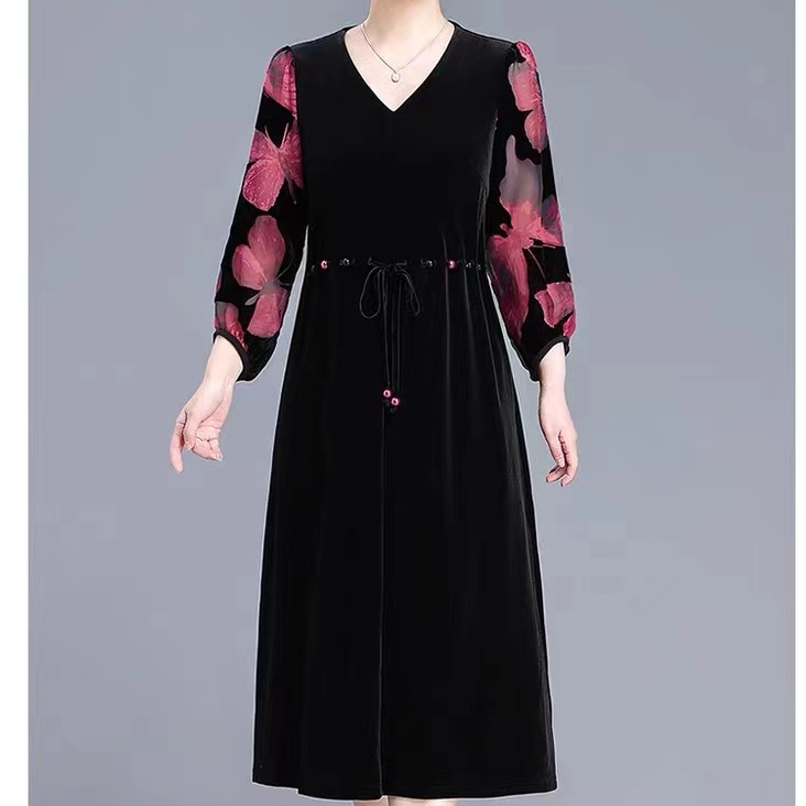 Q645大码妈妈装显瘦气质长袖洋气时尚中长款连衣裙