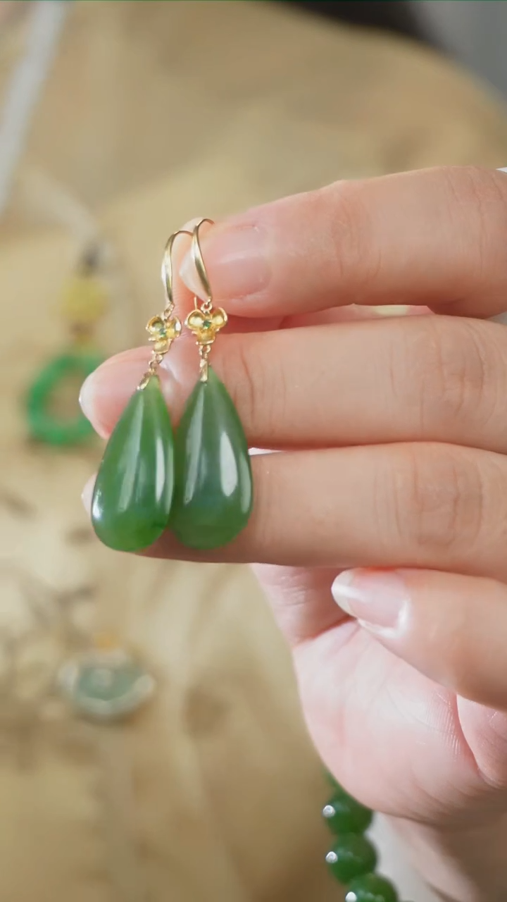 和田玉18K金镶嵌耳饰E0224