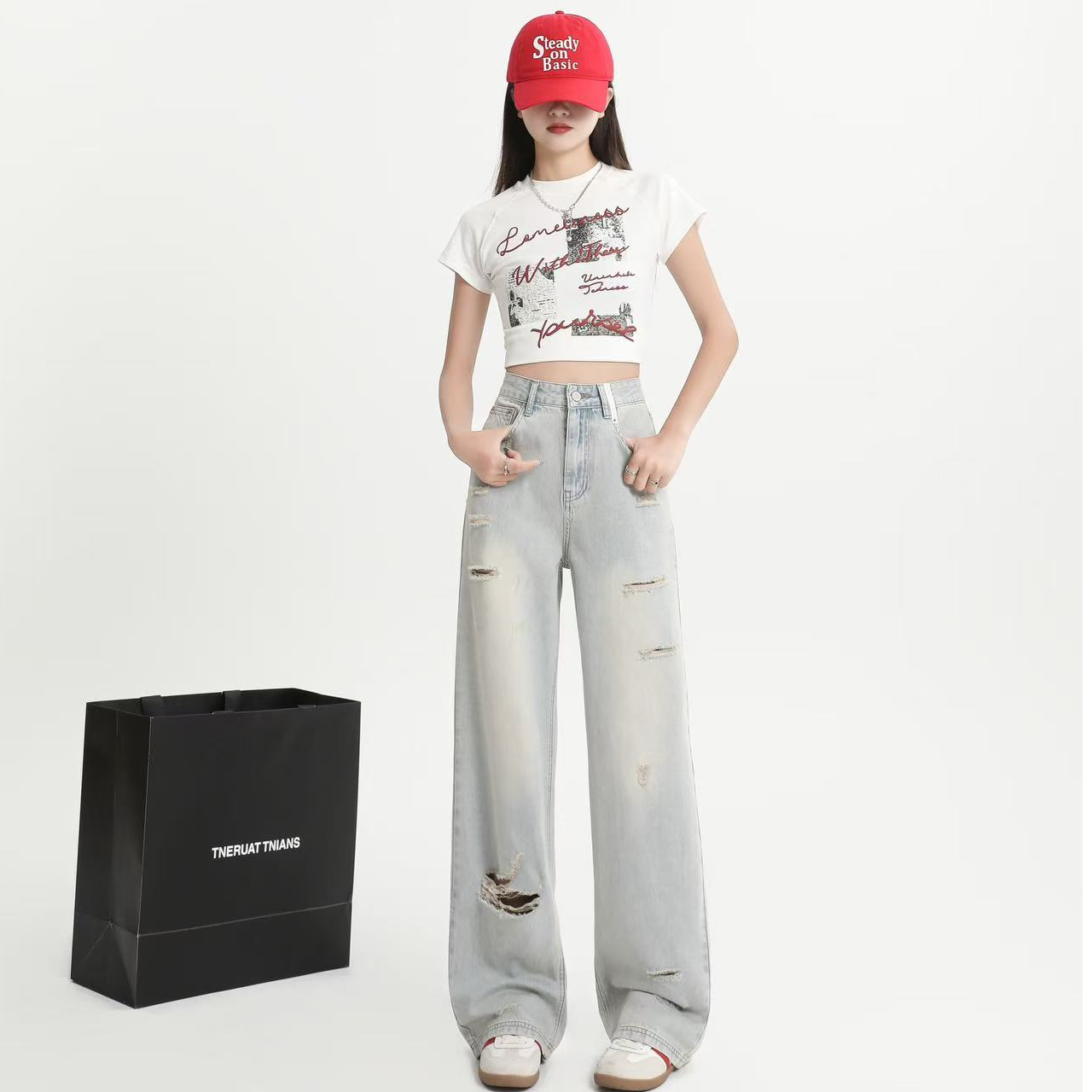 【3332-2】浅色设计感破洞直筒牛仔裤女夏季显瘦百搭宽松垂感拖地裤