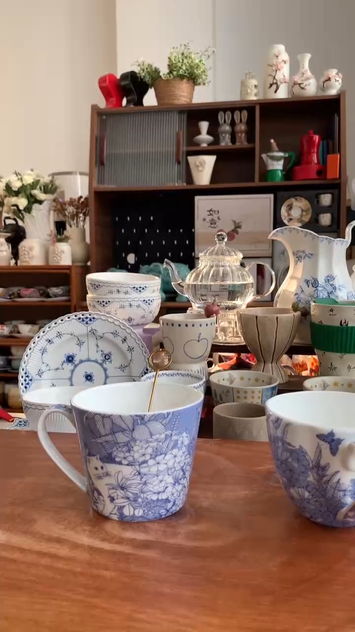 瓷青花猫骨瓷马克杯【直杯】送勺