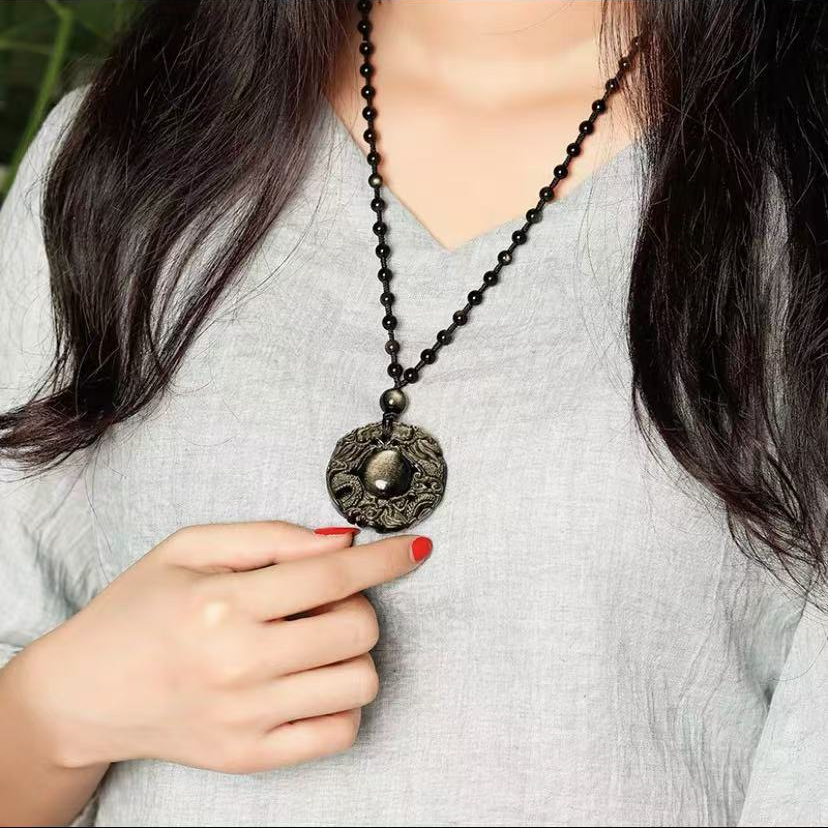 黑曜石金曜石双龙护主金光闪闪（配链）