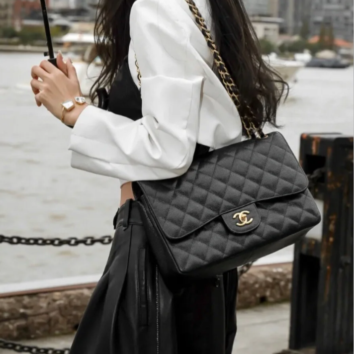 95新 Chanel/香奈儿 小花Jerry P205336944 JUMBO 黑色 20开 包