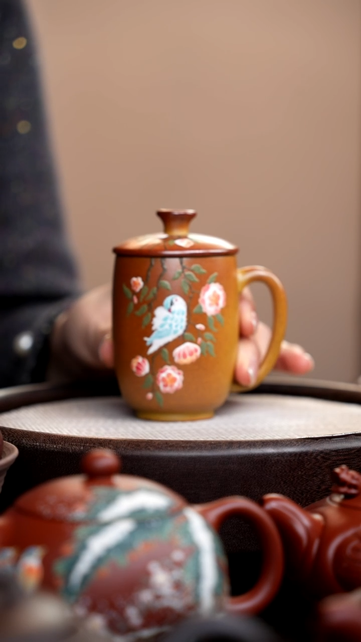 茶壶紫砂柴烧高盖杯泥绘蓝鸟