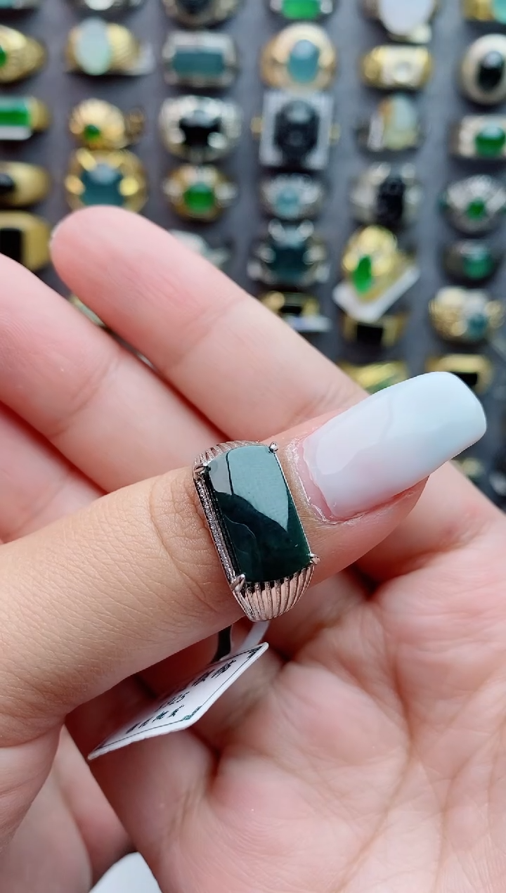 银S925镶嵌戒指翡翠天然翡翠男戒
