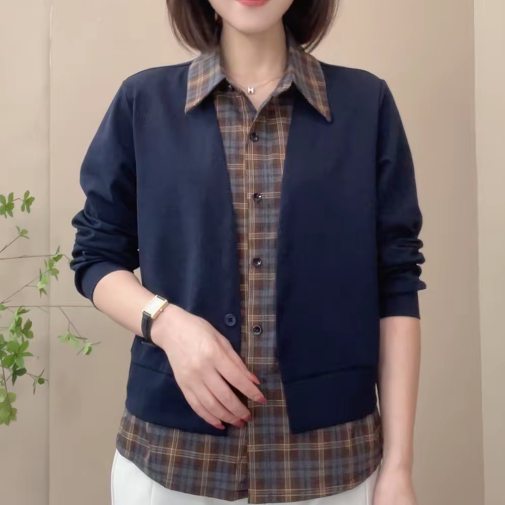 【现货】2025秋季新品时尚显瘦假两件设计感减龄拼接格子长袖上衣