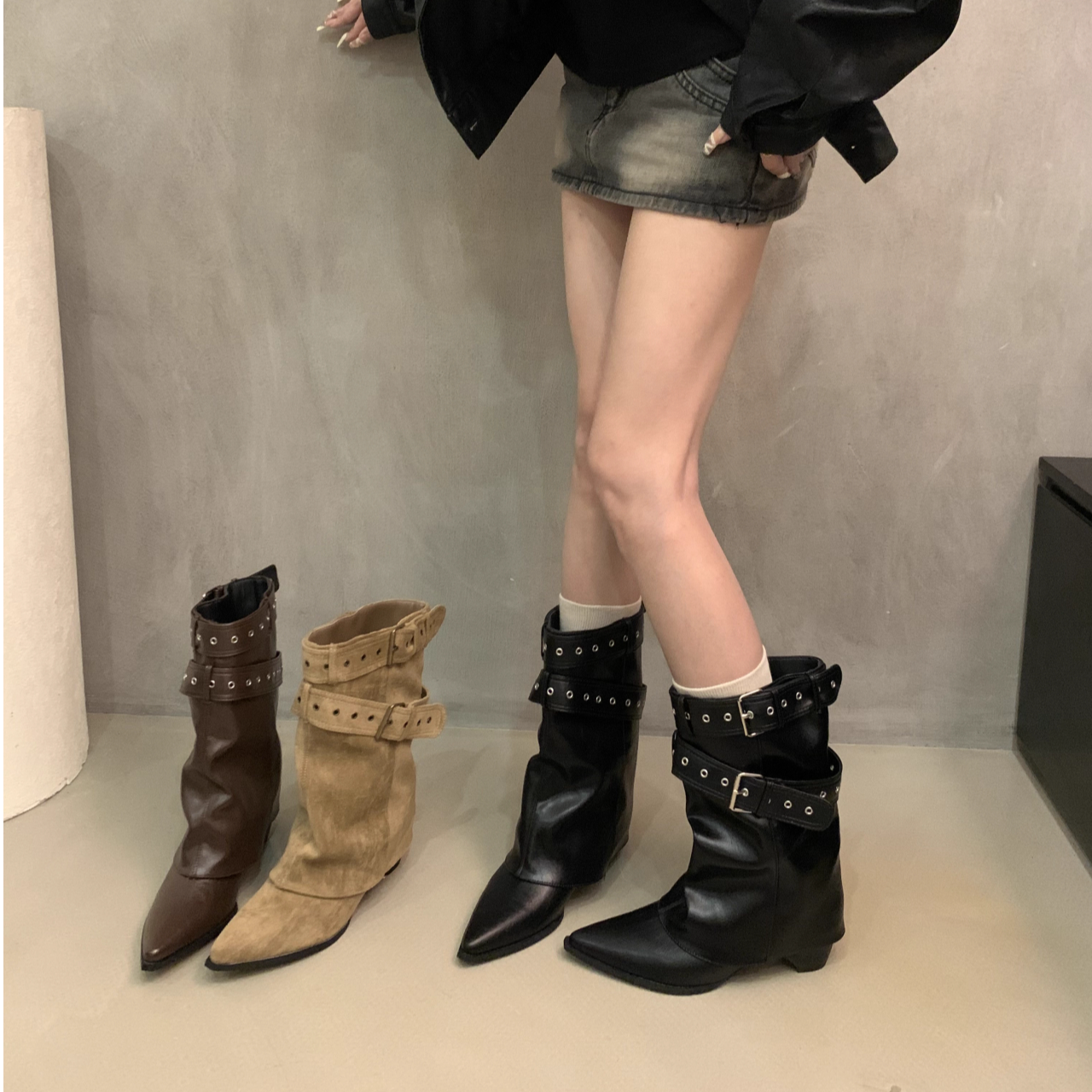 美式辣妹裤管短靴女粗跟设计感尖头气质显瘦骑士马丁靴西部堆堆靴