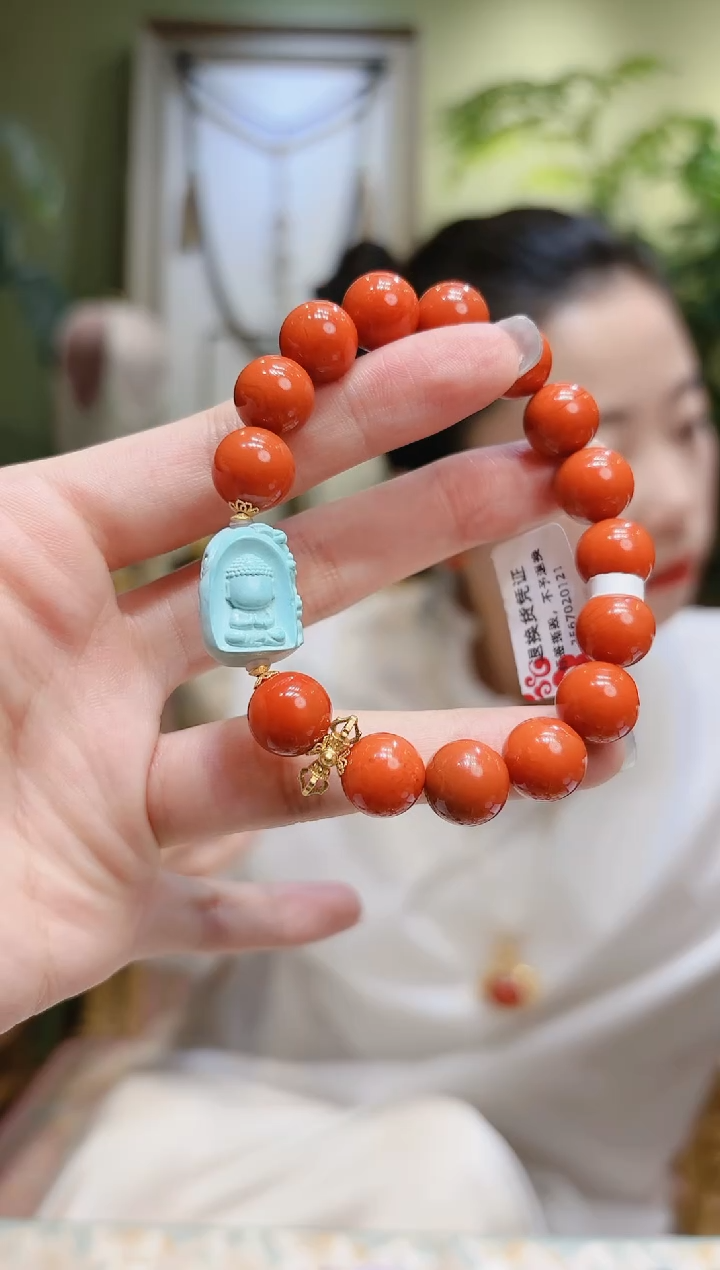 【闪购商品】南红玛瑙手串18K金镶嵌绿松无相佛南红手串