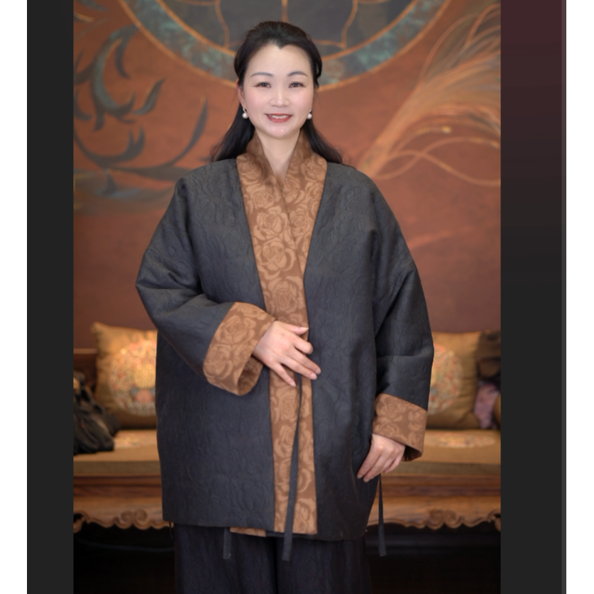 爱上莲心【暗夜玫瑰】香云纱驼绒棉衣中国风气质风时尚百搭保暖