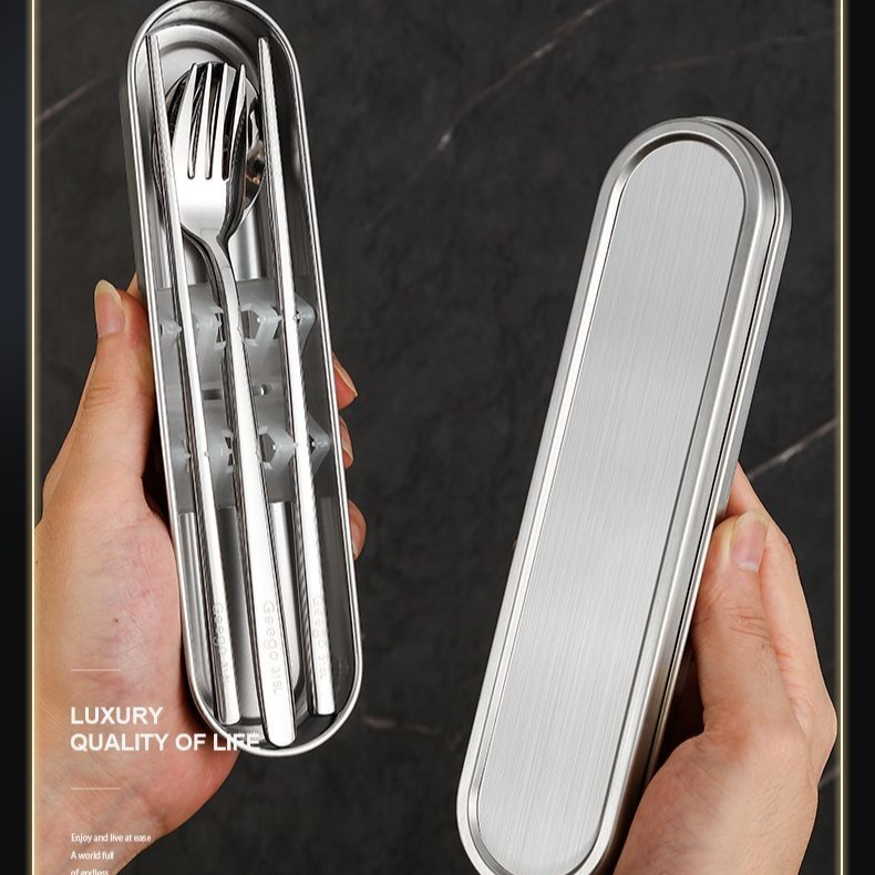 家年华-纯钛便携餐具学生上班旅行户外简便式勺叉筷套装餐具盒