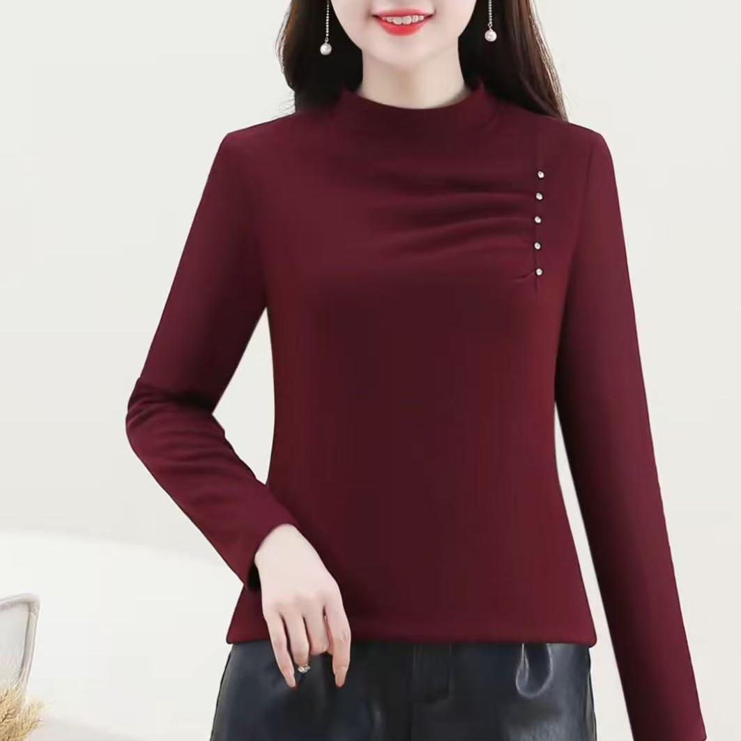 2025秋冬新款时尚钉珠褶皱打底衫百搭T恤长袖显瘦女上衣5254长56