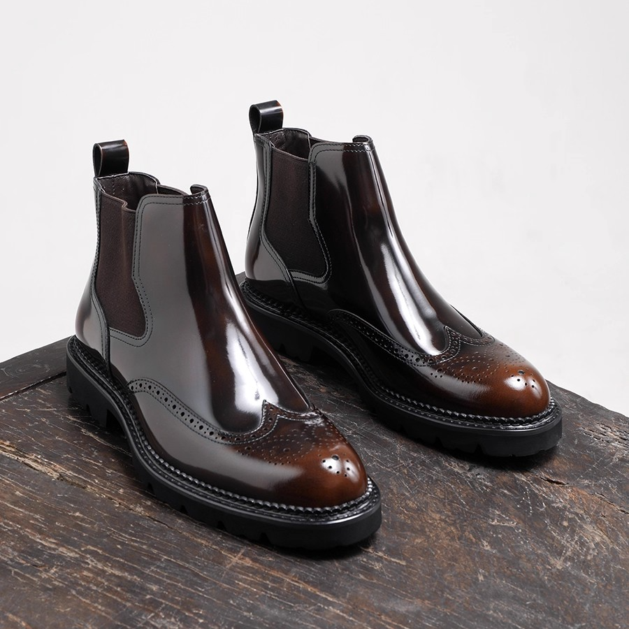 秋冬英伦风圆头厚底皮鞋布洛克一脚蹬切尔西靴男时尚男士真皮短靴