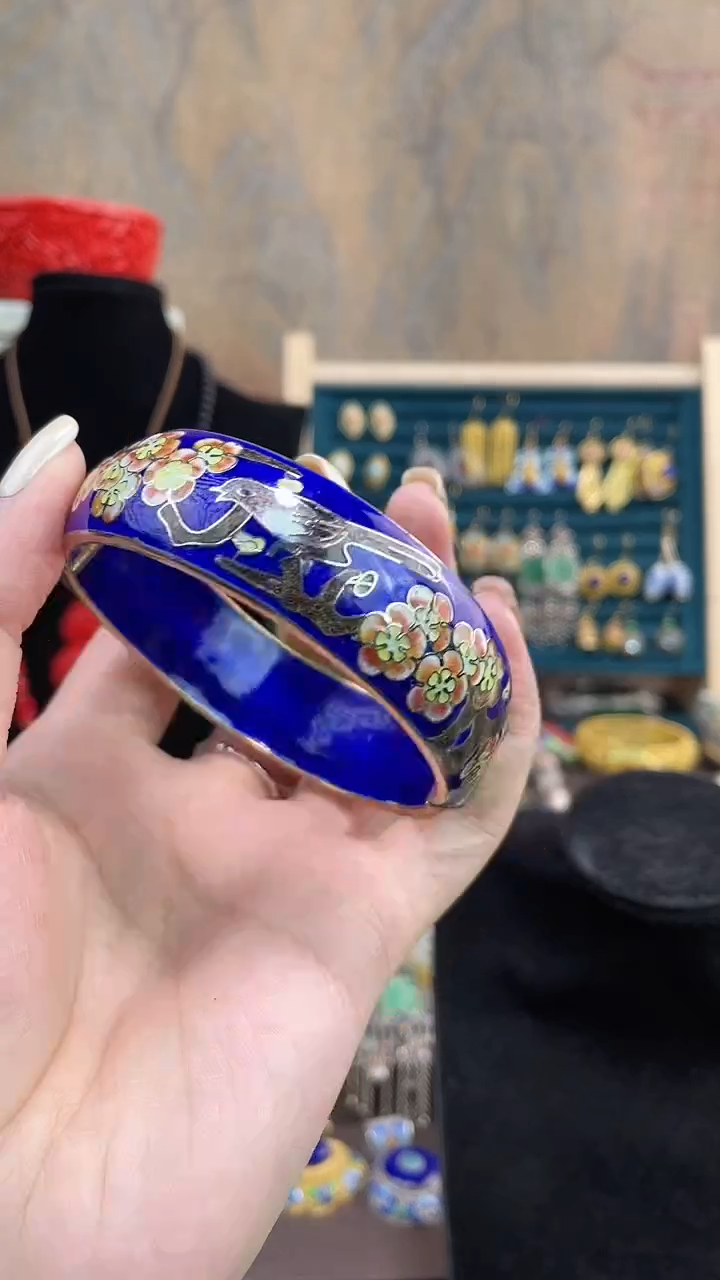  非遗手工景泰蓝开口银蓝镯子宝蓝